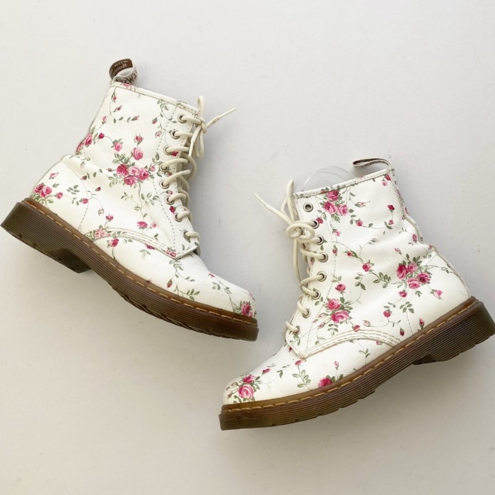 Dr. Martens White Floral Combat Boots